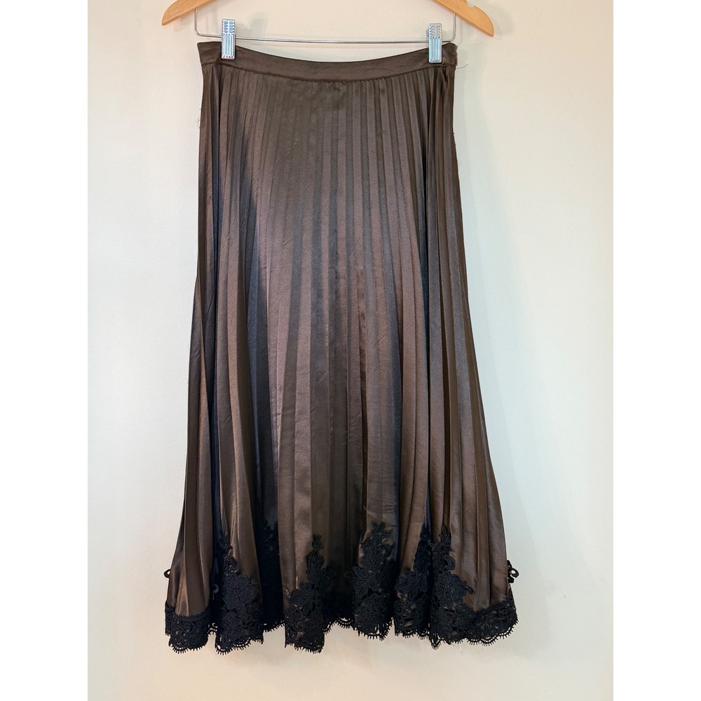 Blue Tassel Satin Pleated Midi Skirt Black Lace Trim
